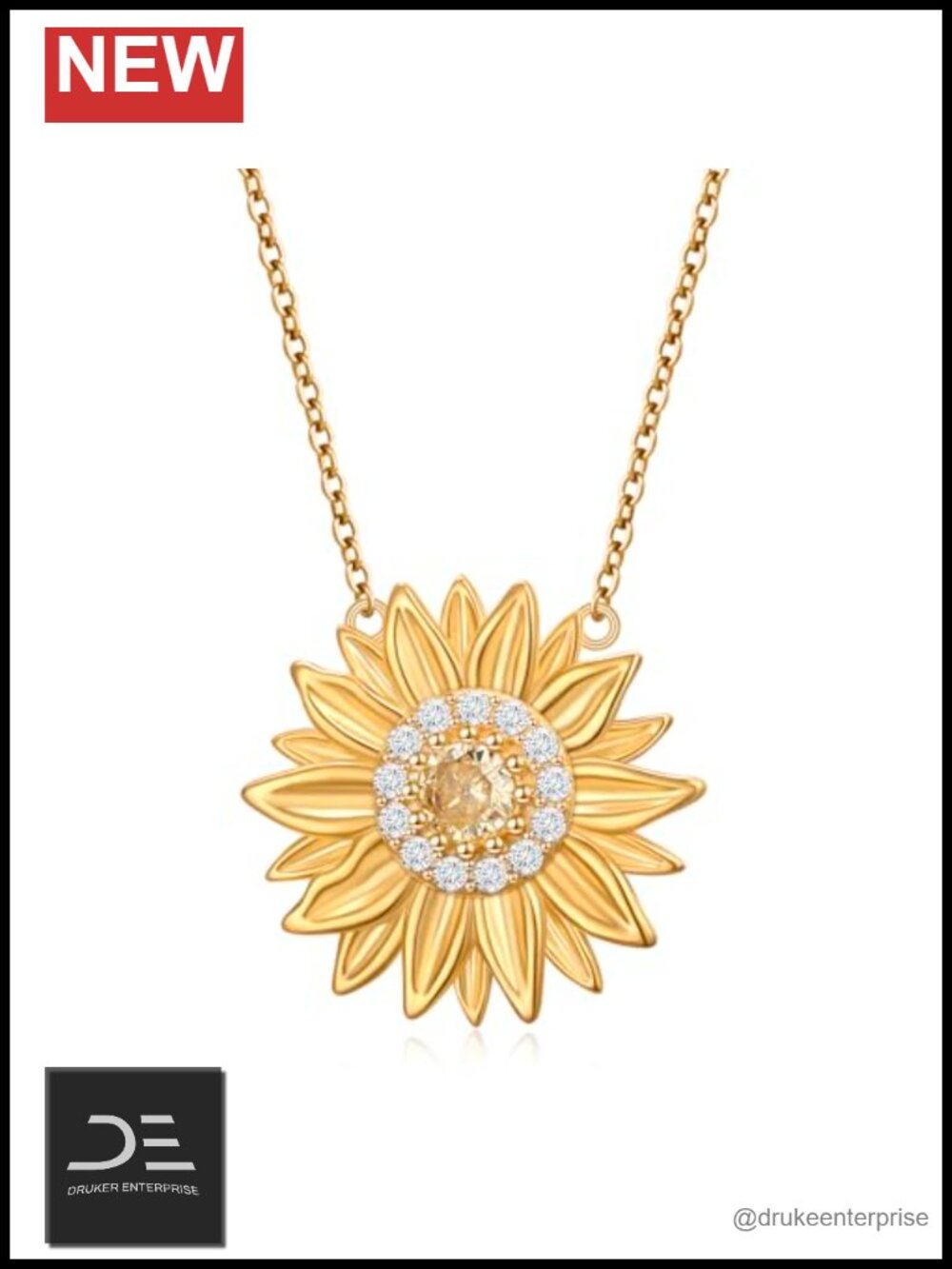 925 Sterling Silver 18K Gold Plated Sunflower Pendant Necklace With Cubic